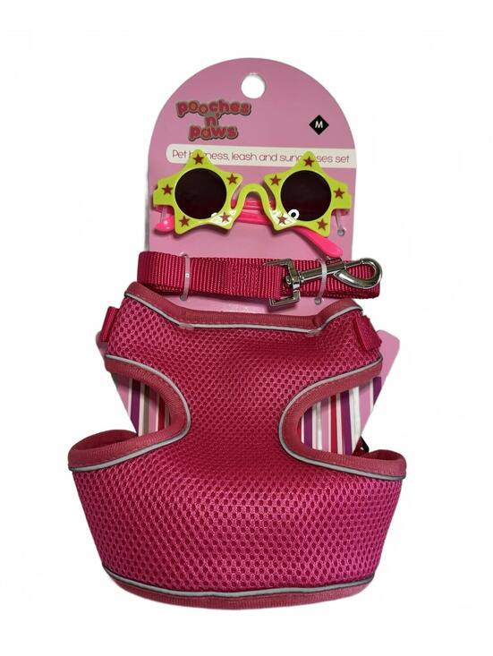 Other - Pooches n Paws M Hot Pink Pet Harness, Leash, & Star Yellow Sunglasses Set, NWT